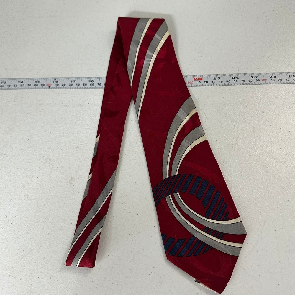 Bugatti Mens Silk Tie Necktie Red Silver Navy Geometric Abstract Statement USA